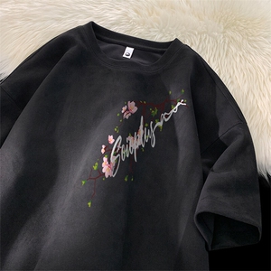 可设48小时发货支持抖音得物来样二开240克重磅美式麂皮绒短袖t恤图片