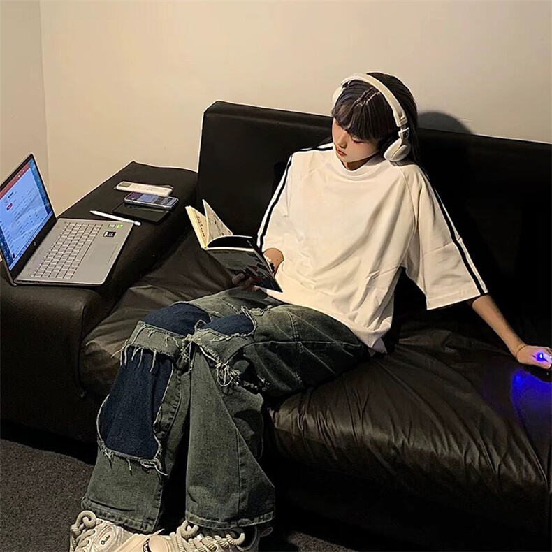 抖音得物高品质二开240克宽松纯棉美式潮牌三条杠织带短袖T恤,男装T恤,电商A486