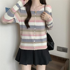 2025秋冬百搭时尚简约三色彩虹开衫针织衫，女装针织衫/毛衣，沐策羊绒