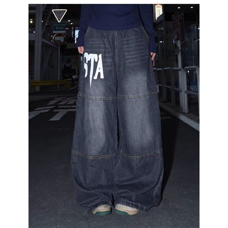 美式复古字母印花水洗牛仔裤男女秋季潮牌多口袋大码直筒裤子，男装牛仔裤，四季星座505