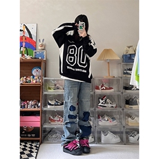 B221美式ins高街暗黑小众撞色破洞直筒牛仔裤LK23109-P65控88，男装牛仔裤，电商B221