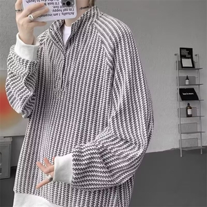 QC3335-P48美式竖条纹立领衬衫男女2025春秋季新款显瘦百搭