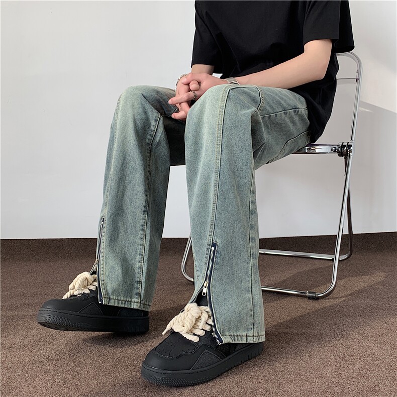 高街美式复古拼接牛仔裤男拉链显瘦垂感裤子S2388/P58，男装牛仔裤，电商B381-1