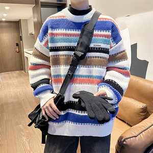 B203-P50 冬季圆领针织衫男2024新款慵懒条纹拼接情侣套头毛衣图片