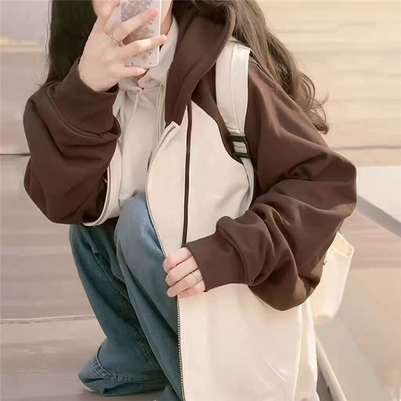 美式复古外套卫衣女2025新款早秋款宽松oversize连帽插肩撞色开衫,女装短外套,星座506A