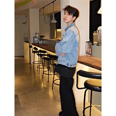 美式复古宽松牛仔外套男款春秋季vintage高级感翻领拉链短款夹克，男装工装外套，星座506A