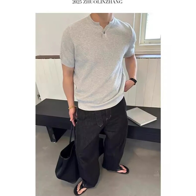 亨利领针织短袖polo衫男生夏季美式老钱风t恤轻熟风收袖口三分袖,男装Polo衫,星座1210-1