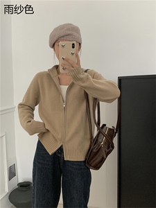女士秋冬10%羊绒全拉链开衫纯色简约黑色宽松显瘦外套图片
