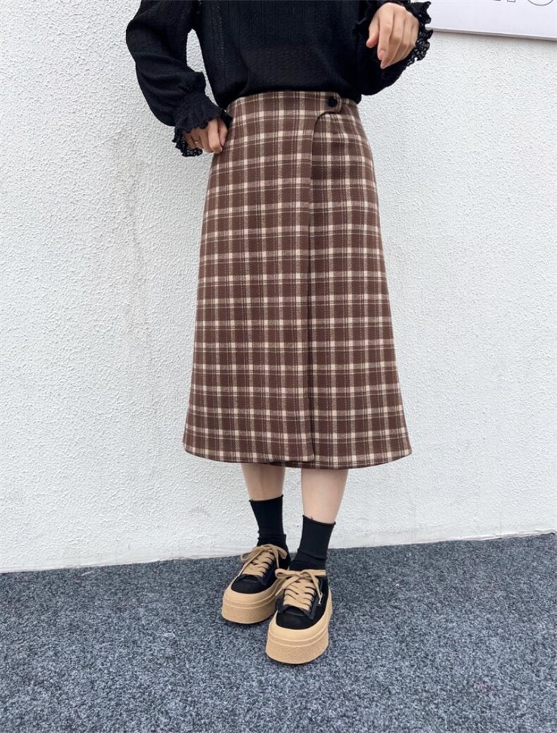 加绒一粒扣羊毛格子裙，其它，昕叶良品