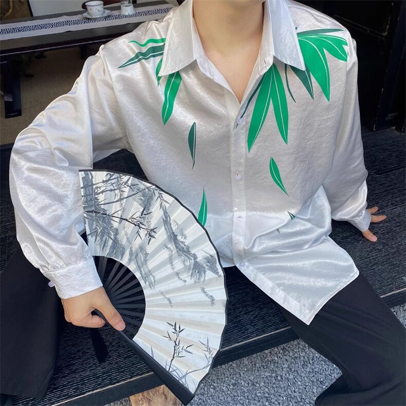春季中式盘扣立领长袖男衬衫潮流复古缎面印花竹叶衬衣女176P75,男装衬衫,星座901-1（原C217）