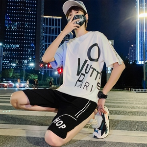 夏季潮牌运动休闲青少年两件套宽松短袖短裤T恤套装男TZ253,皮衣搭配酒红色图片