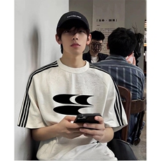 抖音得物品质二开240克宽松纯棉美式潮牌印花三条杠中性风短袖T恤，男装T恤，电商A486-1
