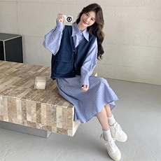 现货牛仔马甲+条纹衬衫收腰裙两件套2C206-L158-P165-K228，女装套装/套裙，2C206