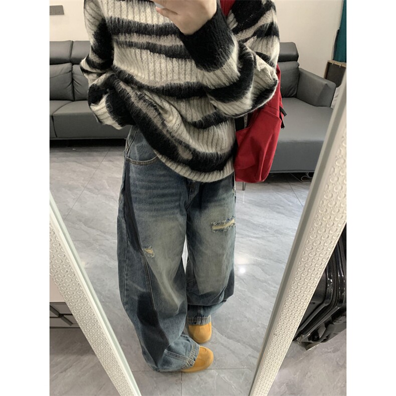 马海毛条纹美式复古毛衣男潮牌秋冬慵懒oversize针织衫M6011,男装针织衫/毛衣,星座1116A（原606A-3）