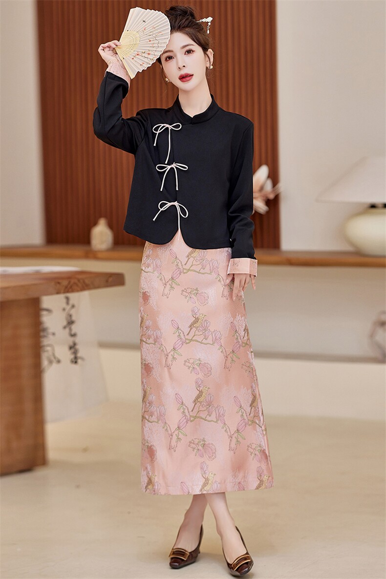 蝴蝶结外套+高腰半身裙两件套女2025春季新款新中式国风碎花套装,女装套装/套裙,千千佰惠
