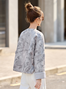 新中式国风提花灰色短外套女2025春新款高端禅意气质百搭盘扣唐装图片