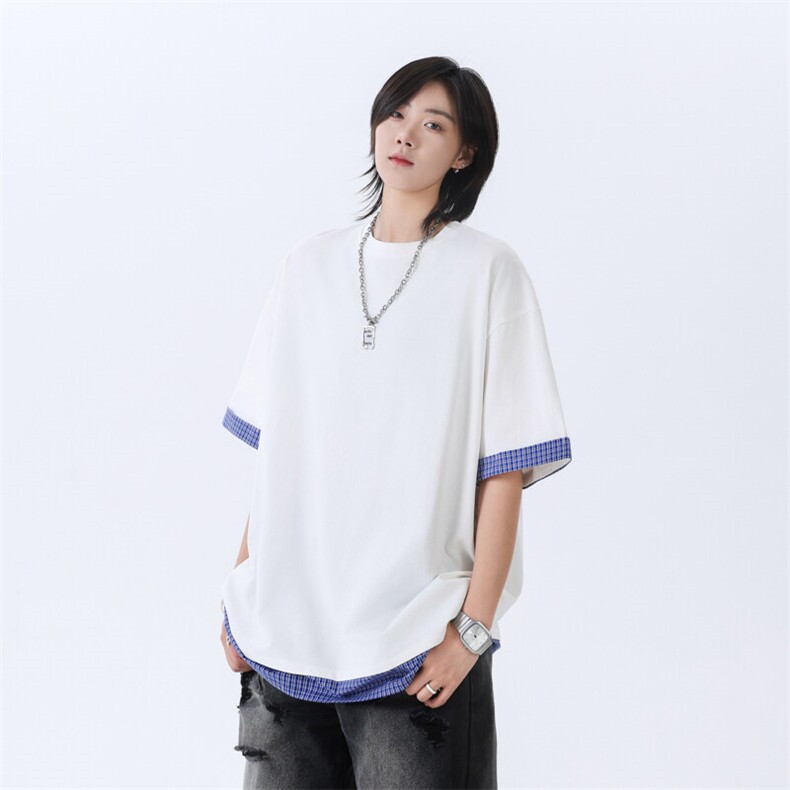 韩版高级潮流简约拼接两件短袖T恤上衣宽松纯色学院半袖XT78P35,男装T恤,星座1013-1