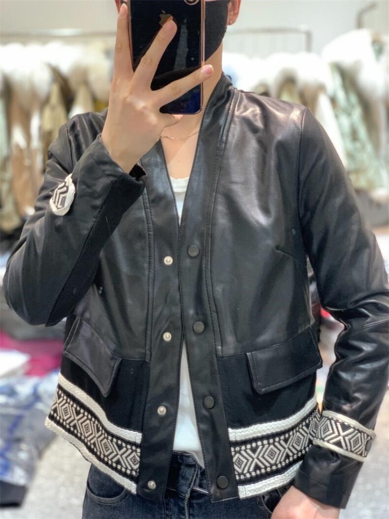 春季新款对称口袋帅气外套长袖皮衣,女装皮衣,L·H·X