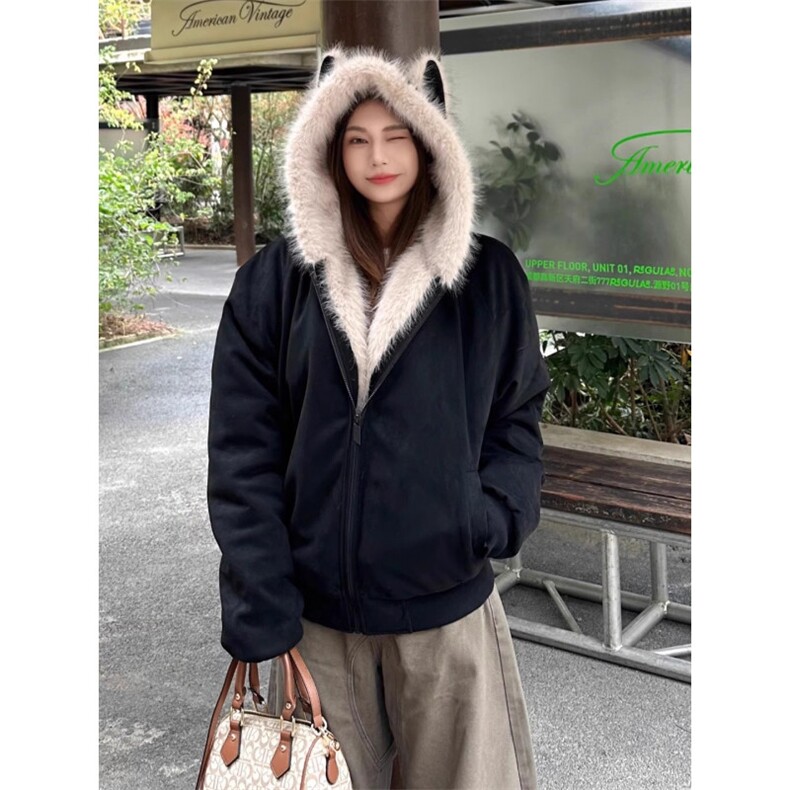 网图 座山雕秋冬季连帽猫耳朵棉衣男女情侣装棉服外套潮流 特P99图片