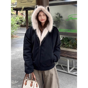 网图 座山雕秋冬季连帽猫耳朵棉衣男女情侣装棉服外套潮流 特P99图片