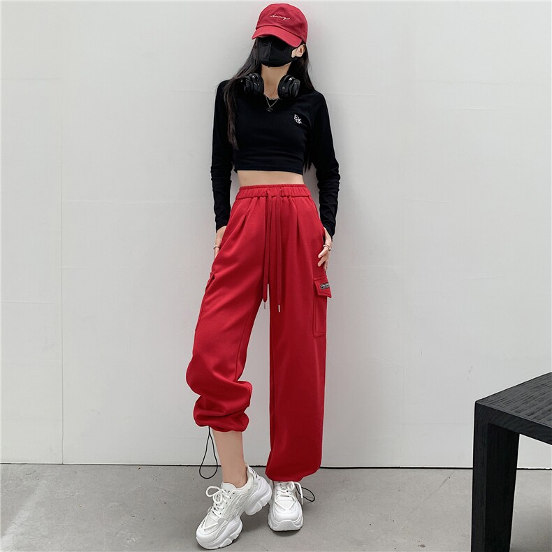2023秋冬新款美式工装卫裤女宽松休闲复古红色跳舞运动阔腿裤潮,女装休闲裤,梦白服饰厂