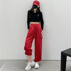 2023秋冬新款美式工装卫裤女宽松休闲复古红色跳舞运动阔腿裤潮，女装休闲裤，梦白服饰厂