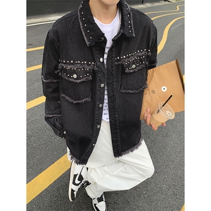 黑色毛边牛仔外套男款高级感铆钉工装夹克美式牛仔衣褂子图片
