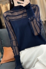 春秋新款精纺羊毛针织打底衫女半高圆领蕾丝边长袖镂空薄套头上衣，女装针织衫/毛衣，凯思米羊绒