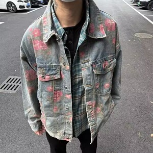 美式复古春秋字母印花涂鸦牛仔外套女设计感小众宽松长袖夹克上衣