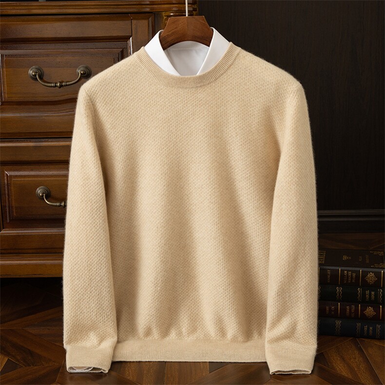 蜂窝针圆领男士圆领羊绒衫合身纯色羊绒，男装羊绒套衫，鼎坤羊绒