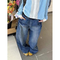 复古蓝水洗弯刀牛仔裤男女美式高街vibe宽松直筒阔腿裤子NZ22，男装牛仔裤，星座1116A（原606A-3）