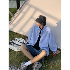 竖条纹长袖衬衫男士韩版潮流ins宽松情侣装上衣衬衣外套C383-p35，男装衬衫，星座601-2