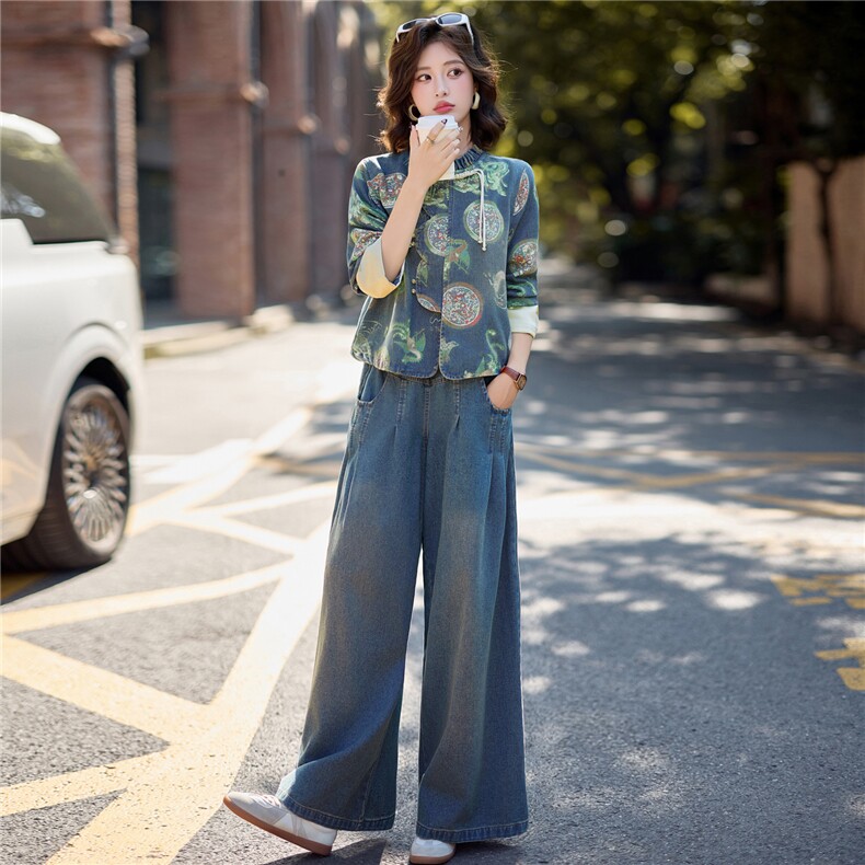 新中式国风牛仔套装女2025秋新款又酷又飒的chic高级感休闲两件套，女装套装/套裙，欣品汇