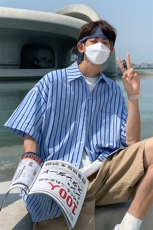 新款夏天条纹衬衫男短袖宽松港风衬衣韩版半袖上衣DX178P3555，男装T恤，电商B413-1
