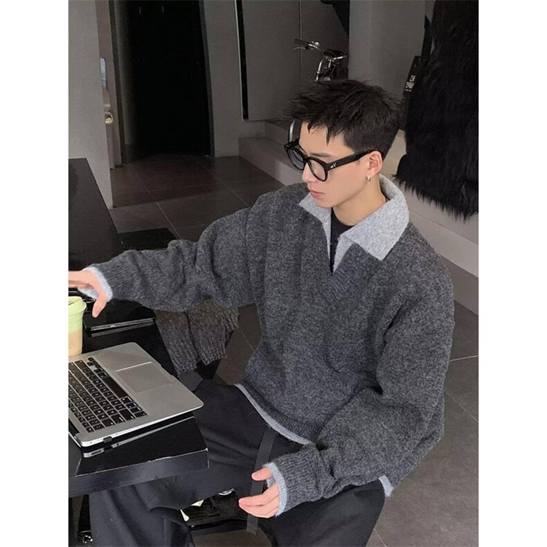 重磅北极绒假两件衬衫领毛衣美式高街复古休闲慵懒纯色翻领针织衫,男装针织衫/毛衣,电商A486-1