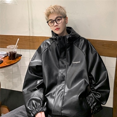 2025港风连帽鳄鱼纹PU皮衣情侣休闲冲锋衣大码M-5XL夹克JK8744P90，男装夹克，星座227-7