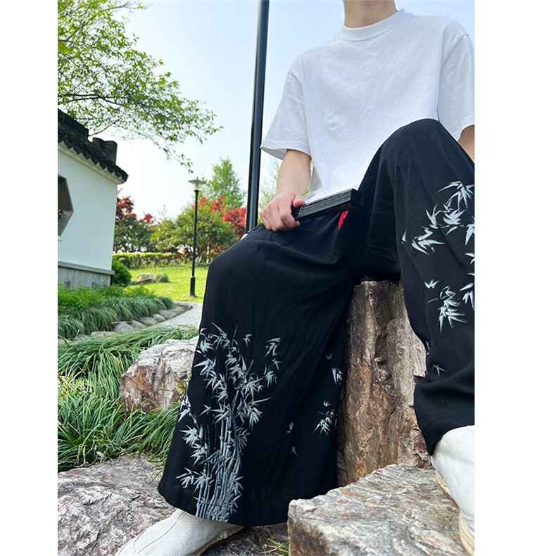 现货！新中式风男士竹叶印花棉麻八分裤K211-P60-控88,男装休闲裤,电商A021