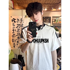 夏季美式高街重磅纯棉三条杠织带撞色男女短袖T恤ZD288-特P30，男装T恤，电商A486
