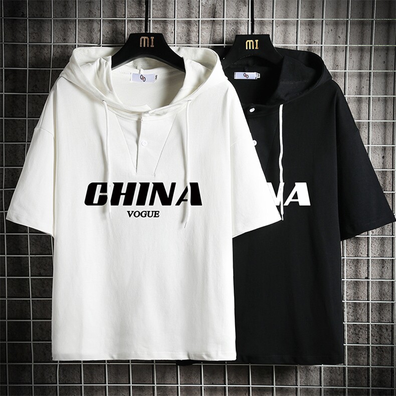 LD54001-P45连帽短袖t恤男大码胖子带帽五分袖中袖网格挂拍,男装T恤,电商A040A