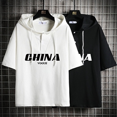 LD54001-P45连帽短袖t恤男大码胖子带帽五分袖中袖网格挂拍，男装T恤，电商A040A