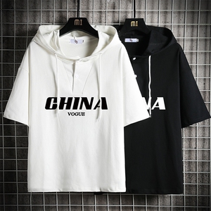 LD54001-P45 连帽短袖t恤男大码胖子带帽五分袖中袖 网格挂拍图片