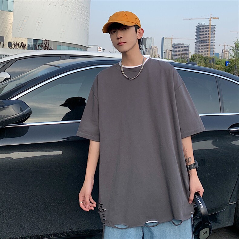 2025夏季美式双纱250克重磅破洞纯棉短袖T恤港风休闲T263/P40控59，男装T恤，星座608A