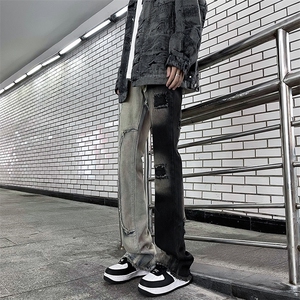 港风秋款男牛仔破洞补丁流苏渐变色拼接直筒休闲长裤NK731 P50图片