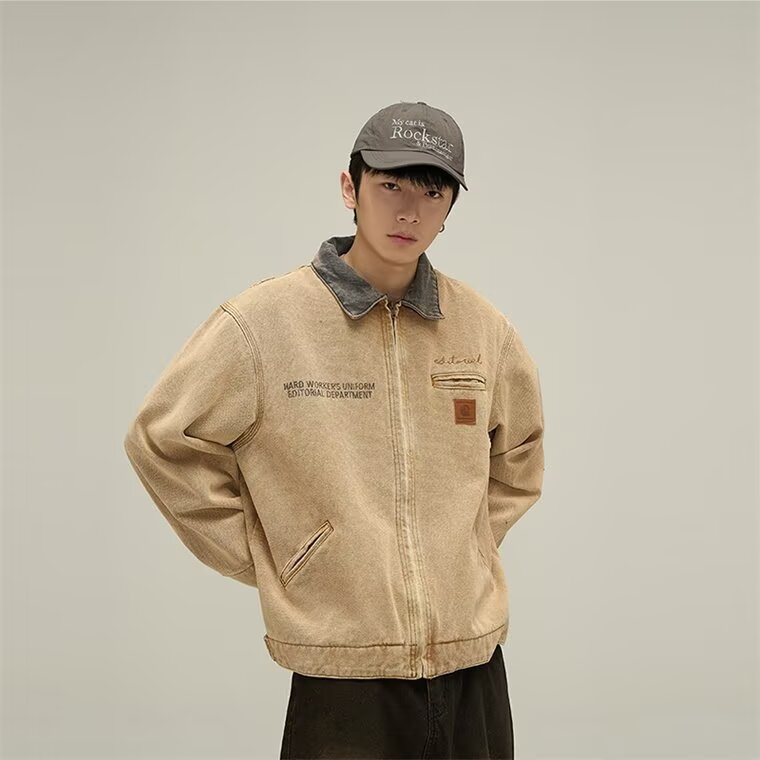 棕色衣复古做旧水洗工装外套男牛仔翻领休闲夹克网图JN1227-P85,男装夹克,星座302B