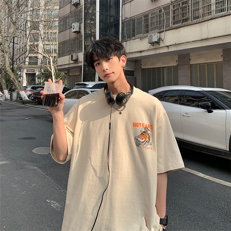 2024夏新款港风个性萌虎印花宽松圆领短袖T恤上衣T2206-P48,男装T恤,星座914-3