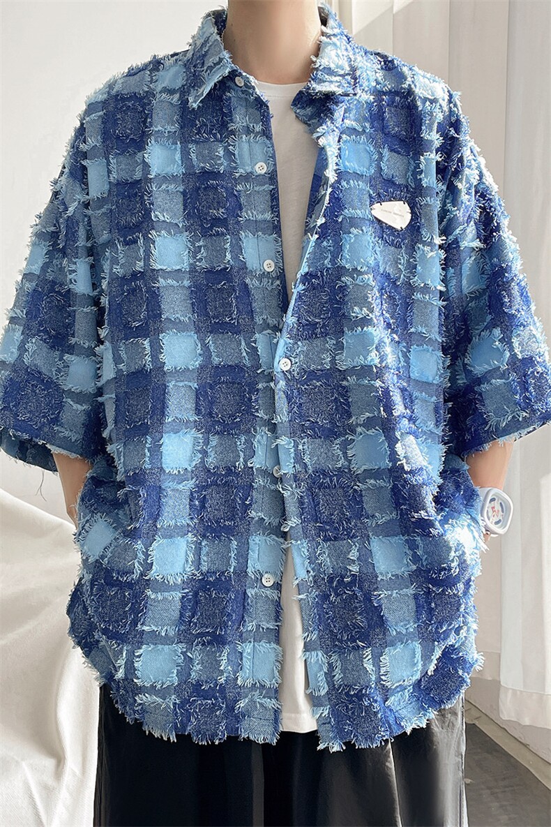 夏新复古短袖格子衬衣男大码磨毛半袖衬衫上衣A071-C60-P45,男装T恤,电商A071