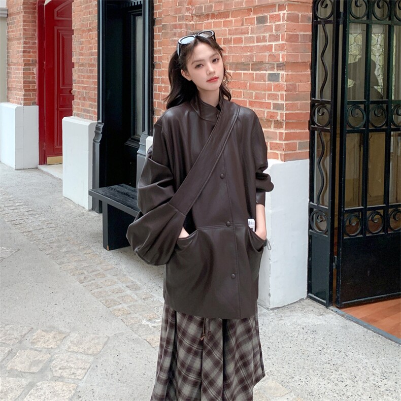 复古设计感气质咖色皮衣外套女春秋季2025新款中长款PU夹克机车服,女装皮衣,2C112