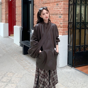 复古设计感气质咖色皮衣外套女春秋季2025新款中长款PU夹克机车服图片