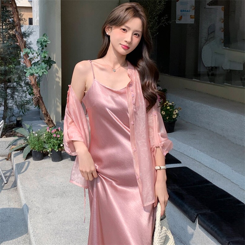 高端时尚套装裙女2026夏季新款洋气宽松系带收腰小衫吊带裙两件套,女装连衣裙,心心服饰
