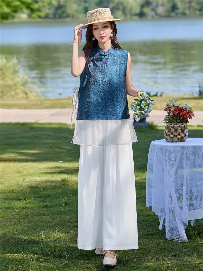 现货2026年夏季新中式上衣麻料阔腿裤子，可分开卖,女装套装/套裙,艾仟回(原伊仟回)